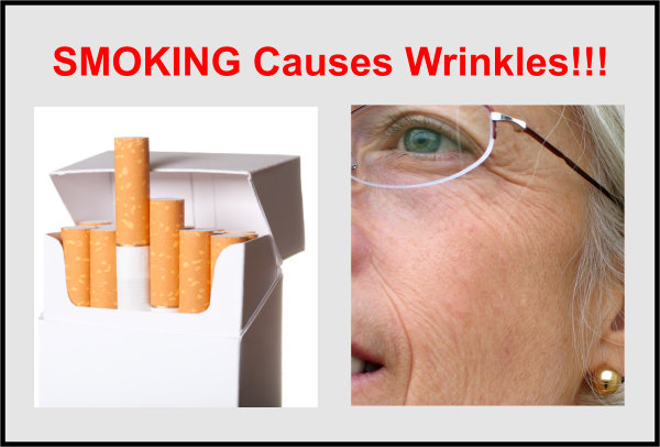 Image of a box of cigarettes and an older woman with wrinkles.